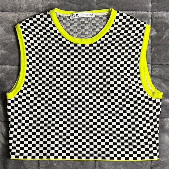 Zara Tops - Zara Black and White Checkered Top with Neon Accents